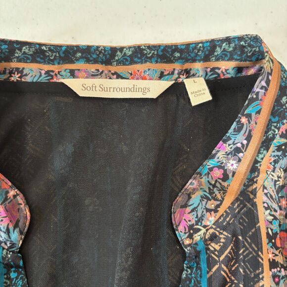 Soft Surroundings Tunic Dress L Striped Black Multi Chiffon Folksy Floral Boho - Picture 8 of 10